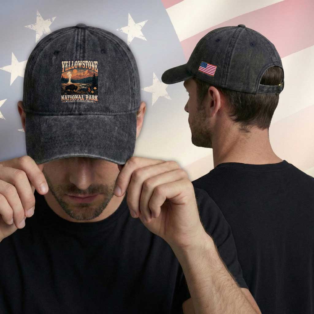 Yellowstone National Park Wyoming Montana Idaho Washed Cotton Baseball Cap Vintage Bison Geyser