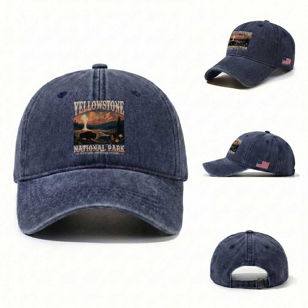 Yellowstone National Park Wyoming Montana Idaho Washed Cotton Baseball Cap Vintage Bison Geyser
