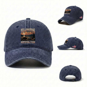 Yellowstone National Park Wyoming Montana Idaho Washed Cotton Baseball Cap Vintage Bison Geyser