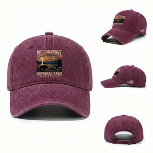 Yellowstone National Park Wyoming Montana Idaho Washed Cotton Baseball Cap Vintage Bison Geyser