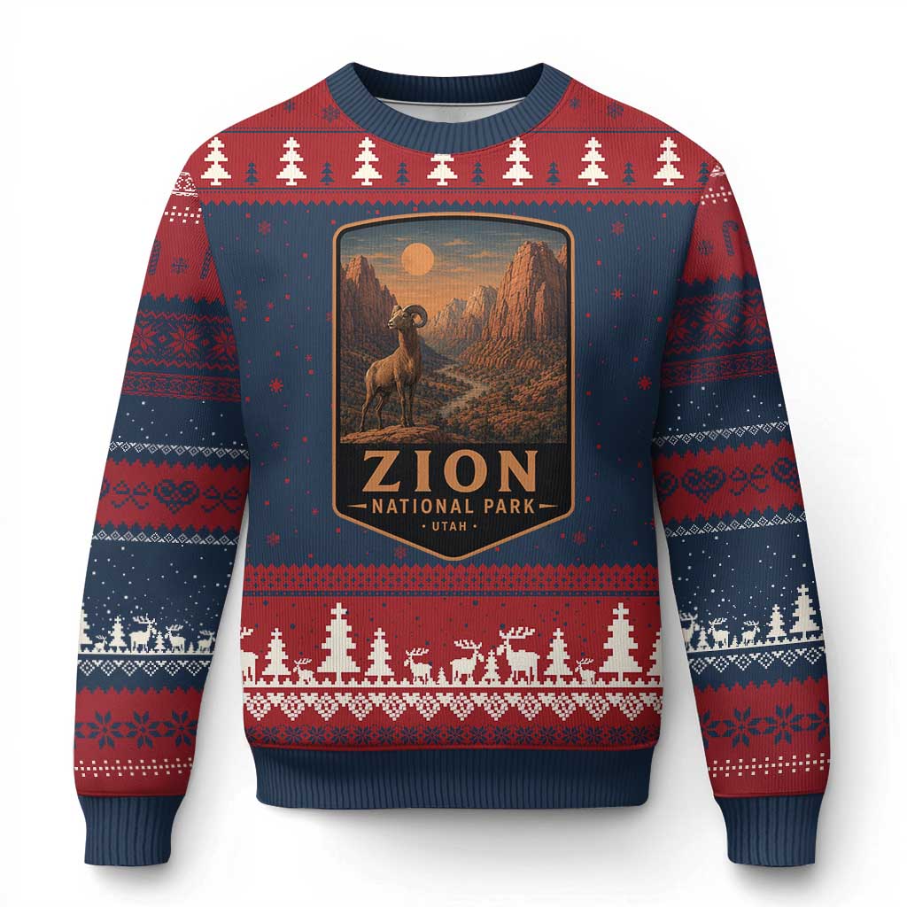 Zion National Park Ugly Christmas Sweater Vintage The Narrows Utah Bighorn Sheep TS11 Navy Red Print Your Wear