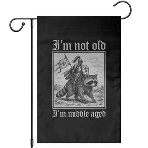 I Am Not Old I Am Middle Aged Garden Flag Medieval Knight Riding Raccoon Funny Ren Faire