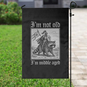 I Am Not Old I Am Middle Aged Garden Flag Medieval Knight Riding Raccoon Funny Ren Faire