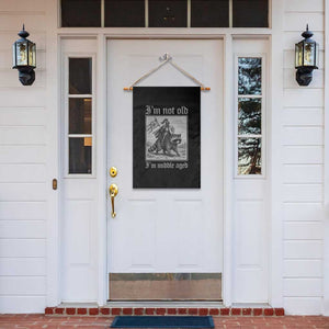 I Am Not Old I Am Middle Aged Garden Flag Medieval Knight Riding Raccoon Funny Ren Faire