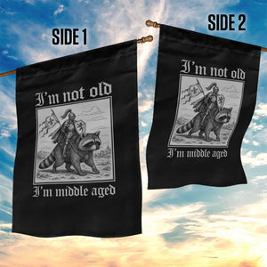 I Am Not Old I Am Middle Aged Garden Flag Medieval Knight Riding Raccoon Funny Ren Faire