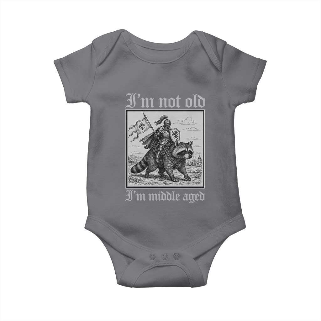 I Am Not Old I Am Middle Aged Baby Onesie Medieval Knight Riding Raccoon Funny Ren Faire TS11 Charcoal Print Your Wear