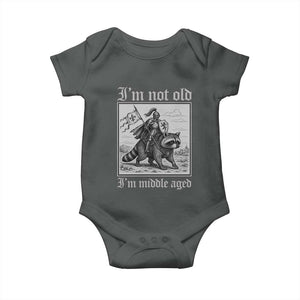 I Am Not Old I Am Middle Aged Baby Onesie Medieval Knight Riding Raccoon Funny Ren Faire TS11 Dark Heather Print Your Wear