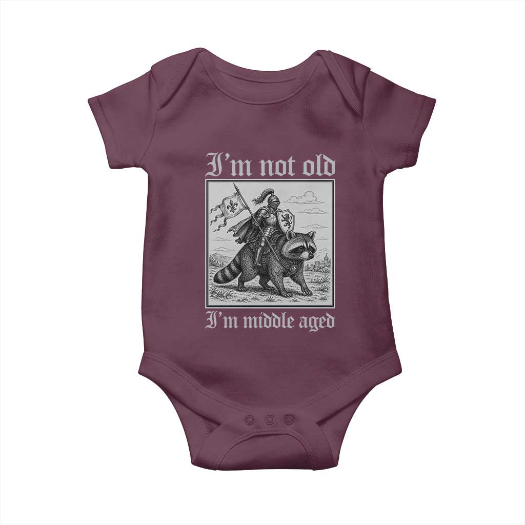 I Am Not Old I Am Middle Aged Baby Onesie Medieval Knight Riding Raccoon Funny Ren Faire TS11 Maroon Print Your Wear