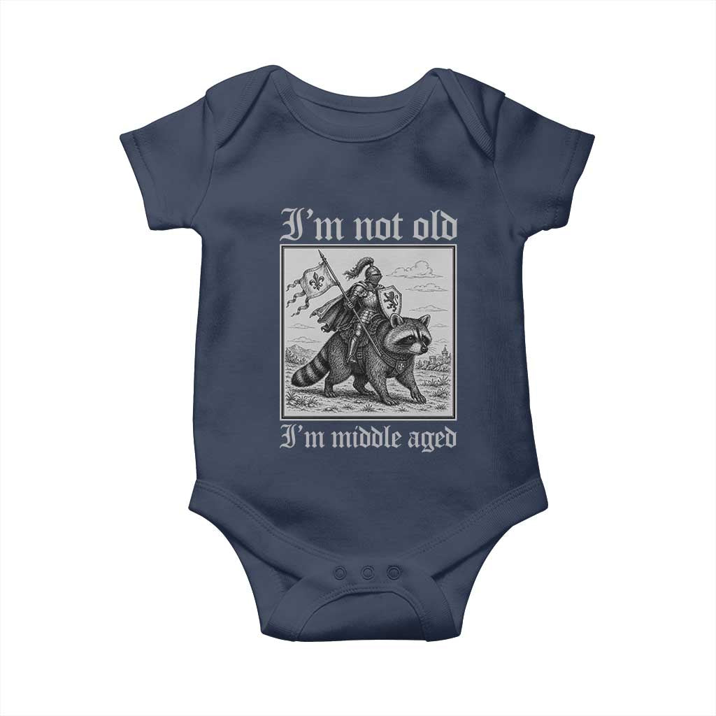 I Am Not Old I Am Middle Aged Baby Onesie Medieval Knight Riding Raccoon Funny Ren Faire TS11 Navy Print Your Wear