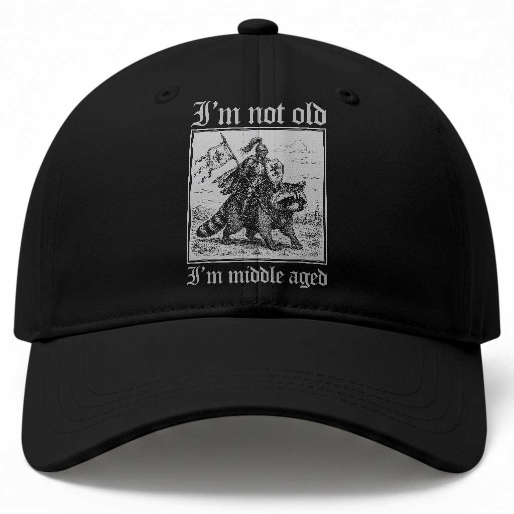 I Am Not Old I Am Middle Aged Baseball Cap Medieval Knight Riding Raccoon Funny Ren Faire