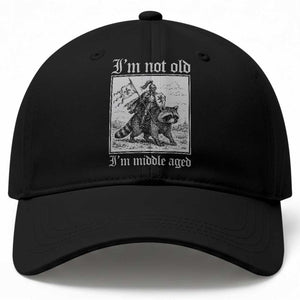 I Am Not Old I Am Middle Aged Baseball Cap Medieval Knight Riding Raccoon Funny Ren Faire