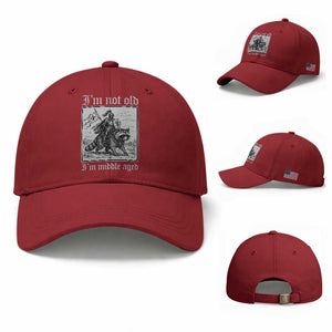 I Am Not Old I Am Middle Aged Baseball Cap Medieval Knight Riding Raccoon Funny Ren Faire