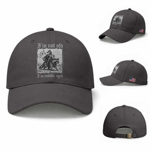 I Am Not Old I Am Middle Aged Baseball Cap Medieval Knight Riding Raccoon Funny Ren Faire