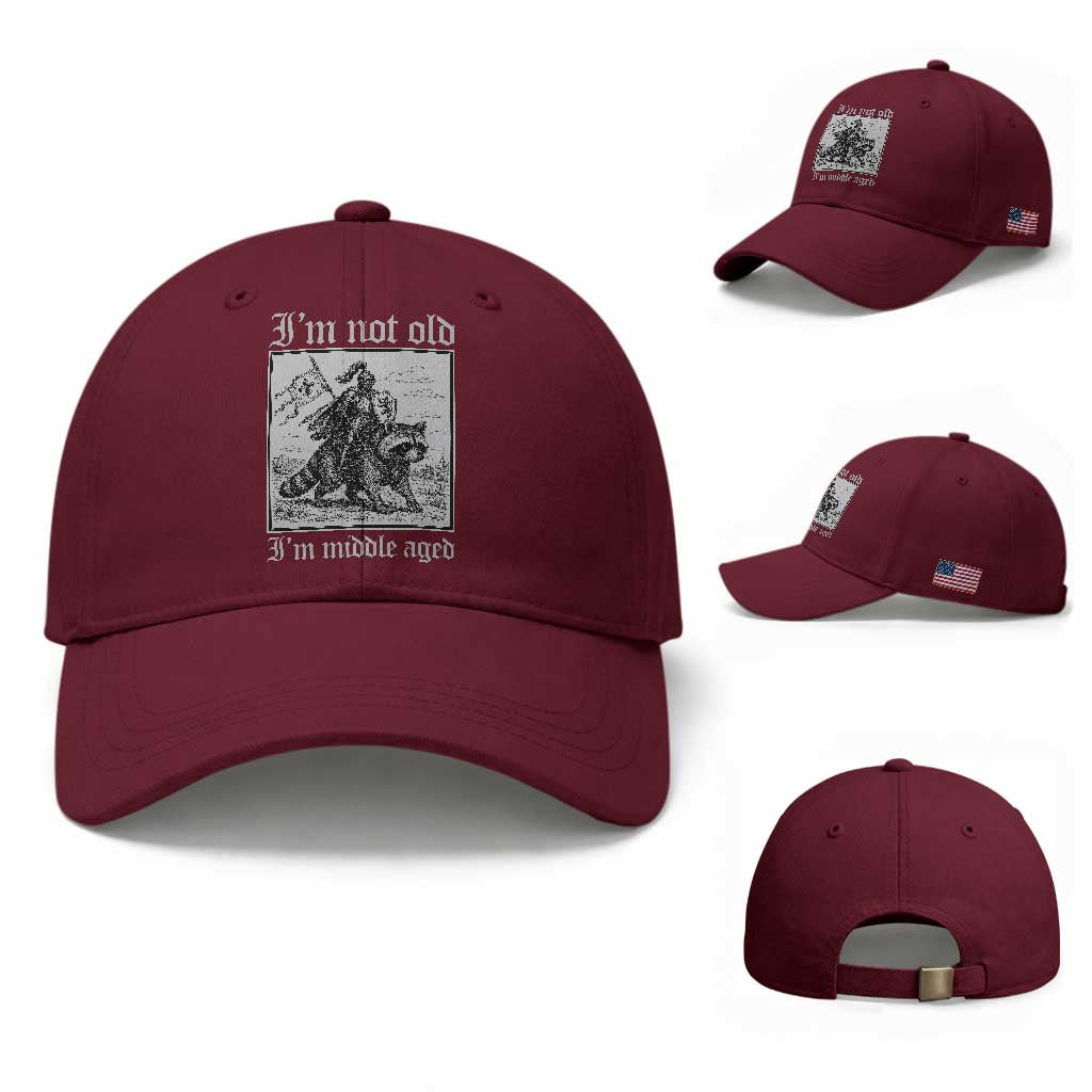 I Am Not Old I Am Middle Aged Baseball Cap Medieval Knight Riding Raccoon Funny Ren Faire