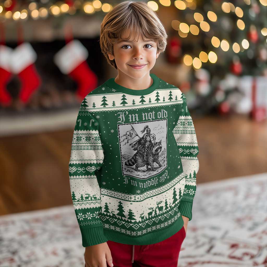 I Am Not Old I Am Middle Aged Ugly Christmas Sweater Medieval Knight Riding Raccoon Funny Ren Faire TS11 Forest Green Beige Print Your Wear