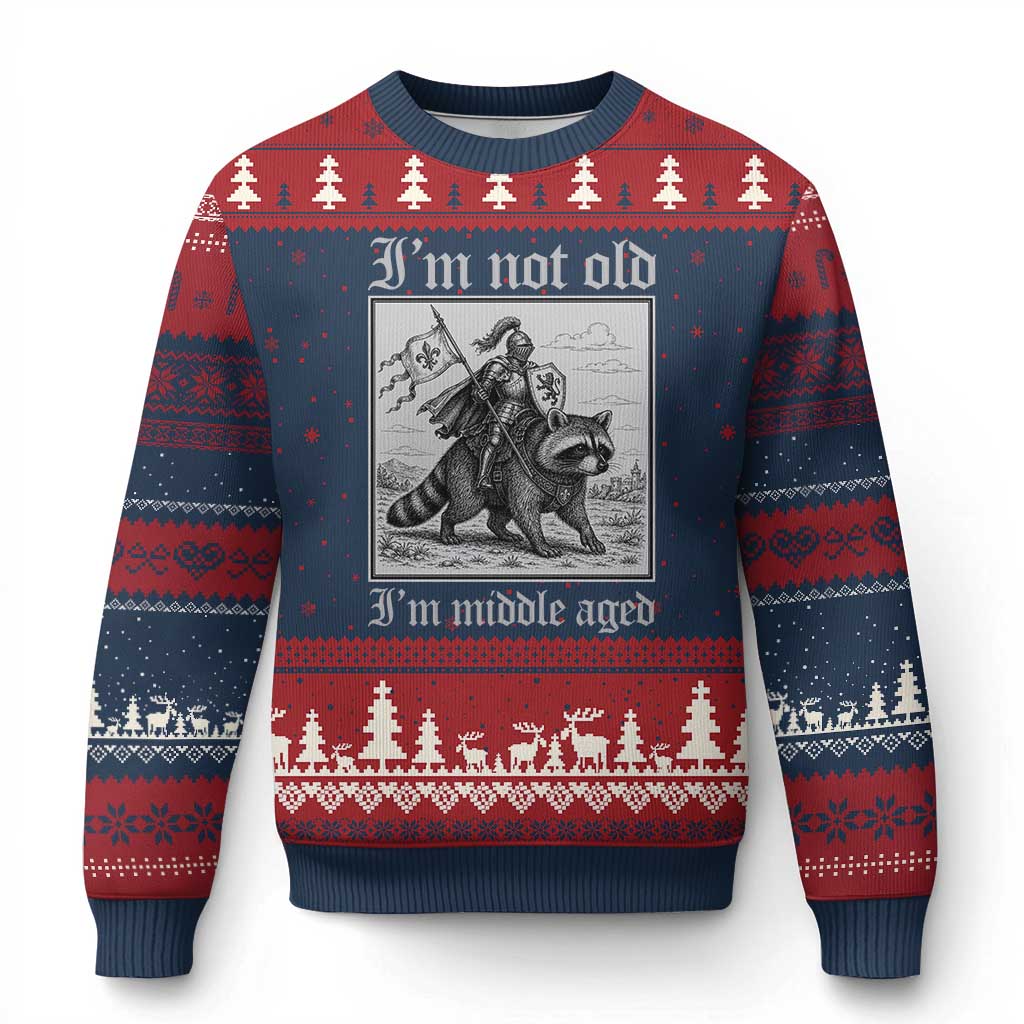 I Am Not Old I Am Middle Aged Ugly Christmas Sweater Medieval Knight Riding Raccoon Funny Ren Faire TS11 Navy Red Print Your Wear