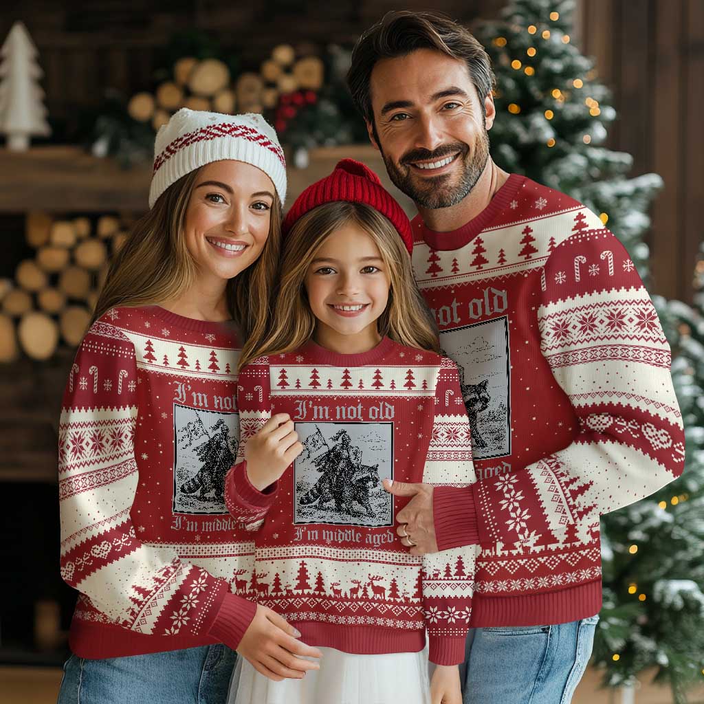 I Am Not Old I Am Middle Aged Ugly Christmas Sweater Medieval Knight Riding Raccoon Funny Ren Faire TS11 Red Beige Print Your Wear