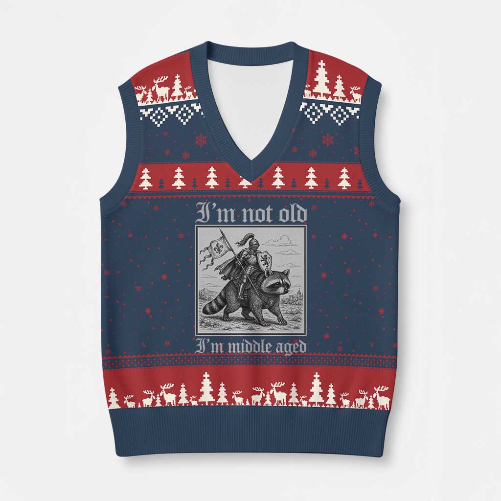 I Am Not Old I Am Middle Aged V-Neck Knit Sweater Vest Medieval Knight Riding Raccoon Funny Ren Faire TS11 Navy Red Print Your Wear
