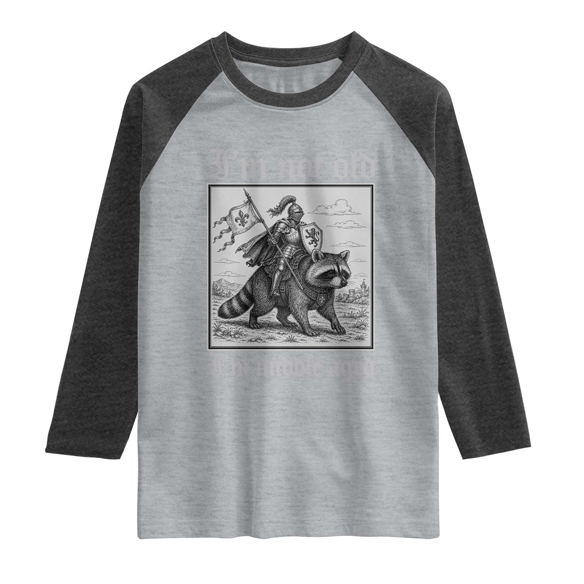 I Am Not Old I Am Middle Aged Raglan Shirt Medieval Knight Riding Raccoon Funny Ren Faire TS11 Heather Gray Heather Charcoal Print Your Wear