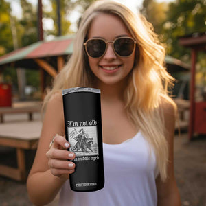 I Am Not Old I Am Middle Aged Skinny Tumbler Medieval Knight Riding Raccoon Funny Ren Faire