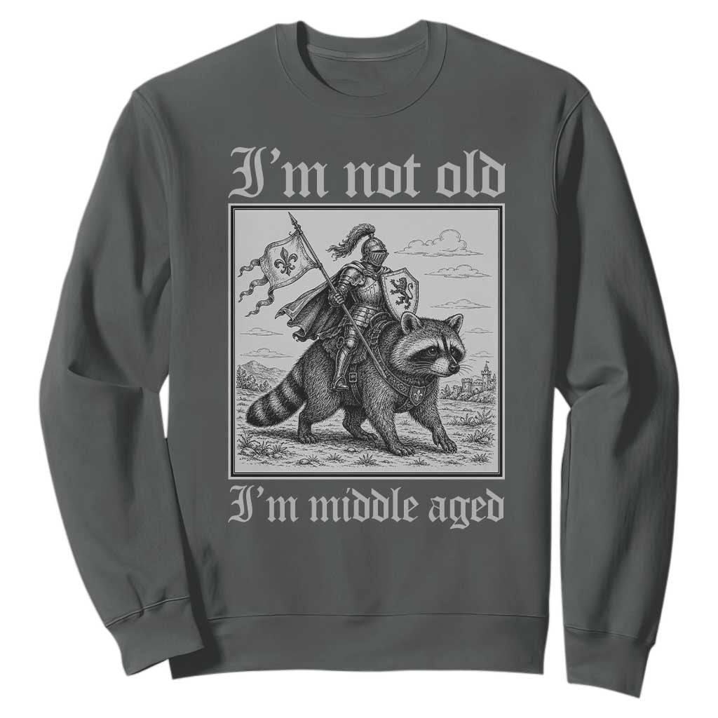 I Am Not Old I Am Middle Aged Sweatshirt Medieval Knight Riding Raccoon Funny Ren Faire TS11 Dark Heather Print Your Wear
