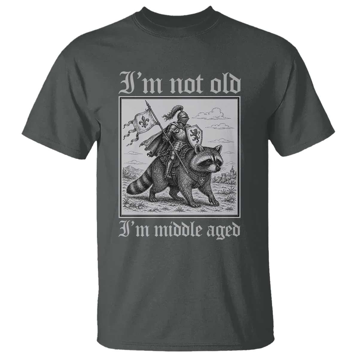 I Am Not Old I Am Middle Aged T Shirt Medieval Knight Riding Raccoon Funny Ren Faire TS11 Dark Heather Print Your Wear