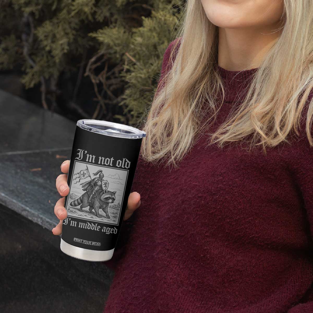 I Am Not Old I Am Middle Aged Tumbler Cup Medieval Knight Riding Raccoon Funny Ren Faire