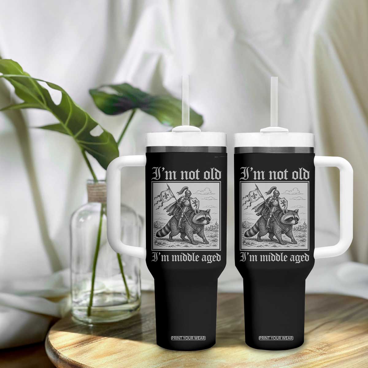 I Am Not Old I Am Middle Aged Tumbler With Handle Medieval Knight Riding Raccoon Funny Ren Faire