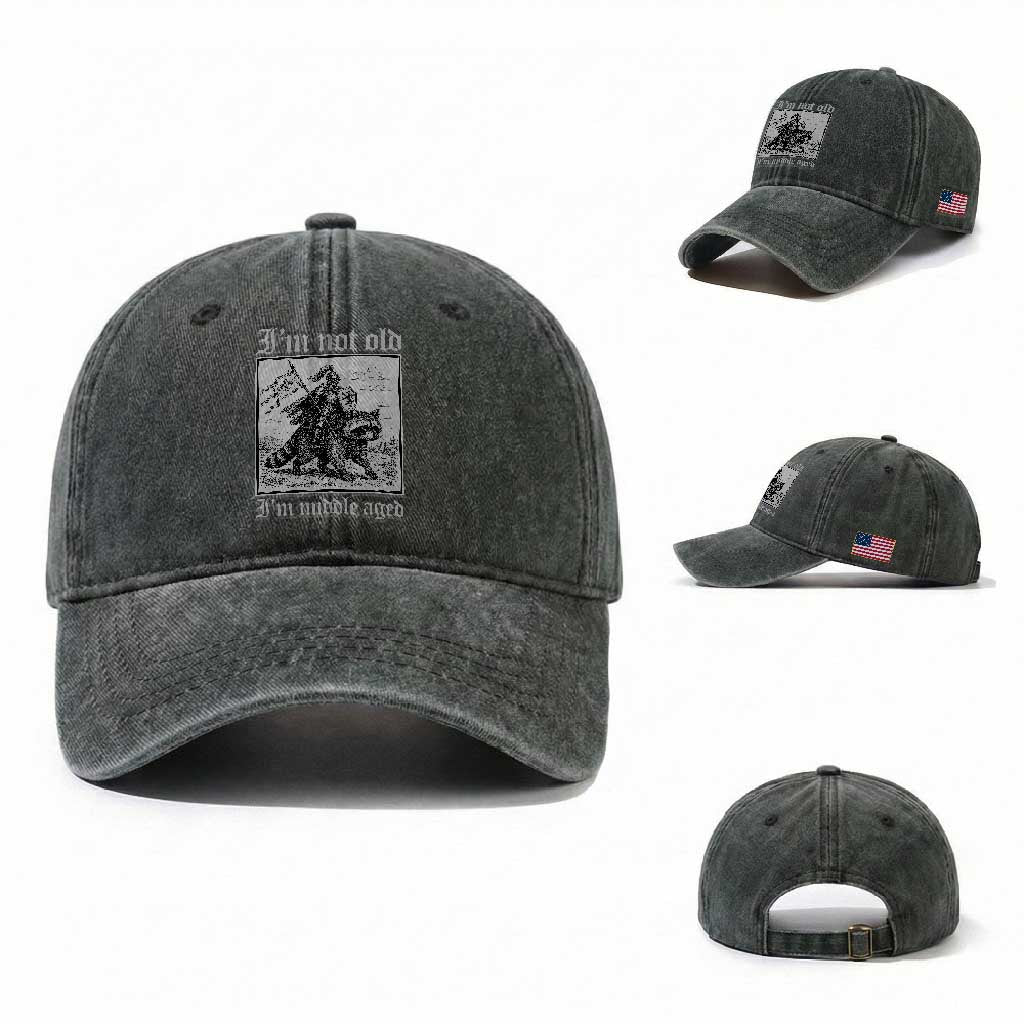 I Am Not Old I Am Middle Aged Washed Cotton Baseball Cap Medieval Knight Riding Raccoon Funny Ren Faire