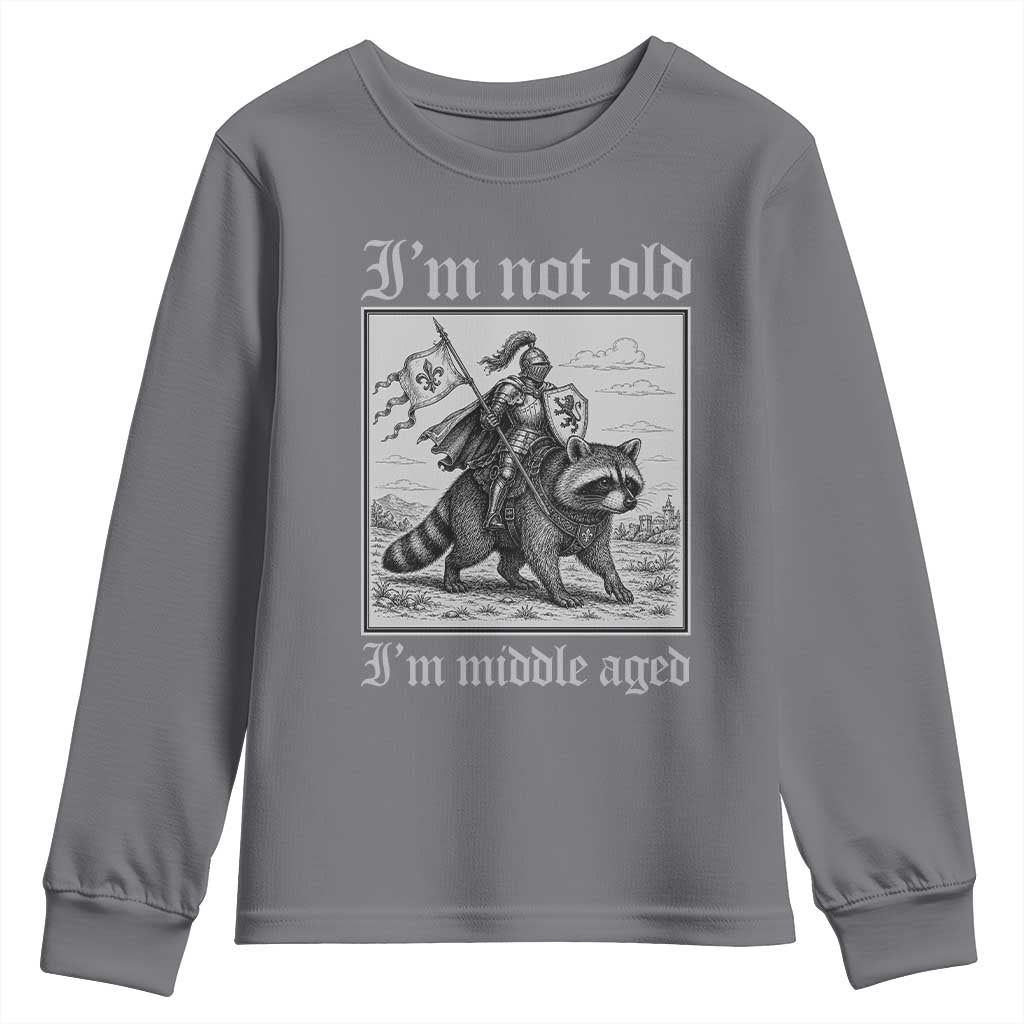 I Am Not Old I Am Middle Aged Youth Sweatshirt Medieval Knight Riding Raccoon Funny Ren Faire TS11 Charcoal Print Your Wear