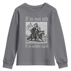 I Am Not Old I Am Middle Aged Youth Sweatshirt Medieval Knight Riding Raccoon Funny Ren Faire TS11 Charcoal Print Your Wear