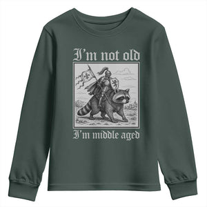 I Am Not Old I Am Middle Aged Youth Sweatshirt Medieval Knight Riding Raccoon Funny Ren Faire TS11 Dark Forest Green Print Your Wear