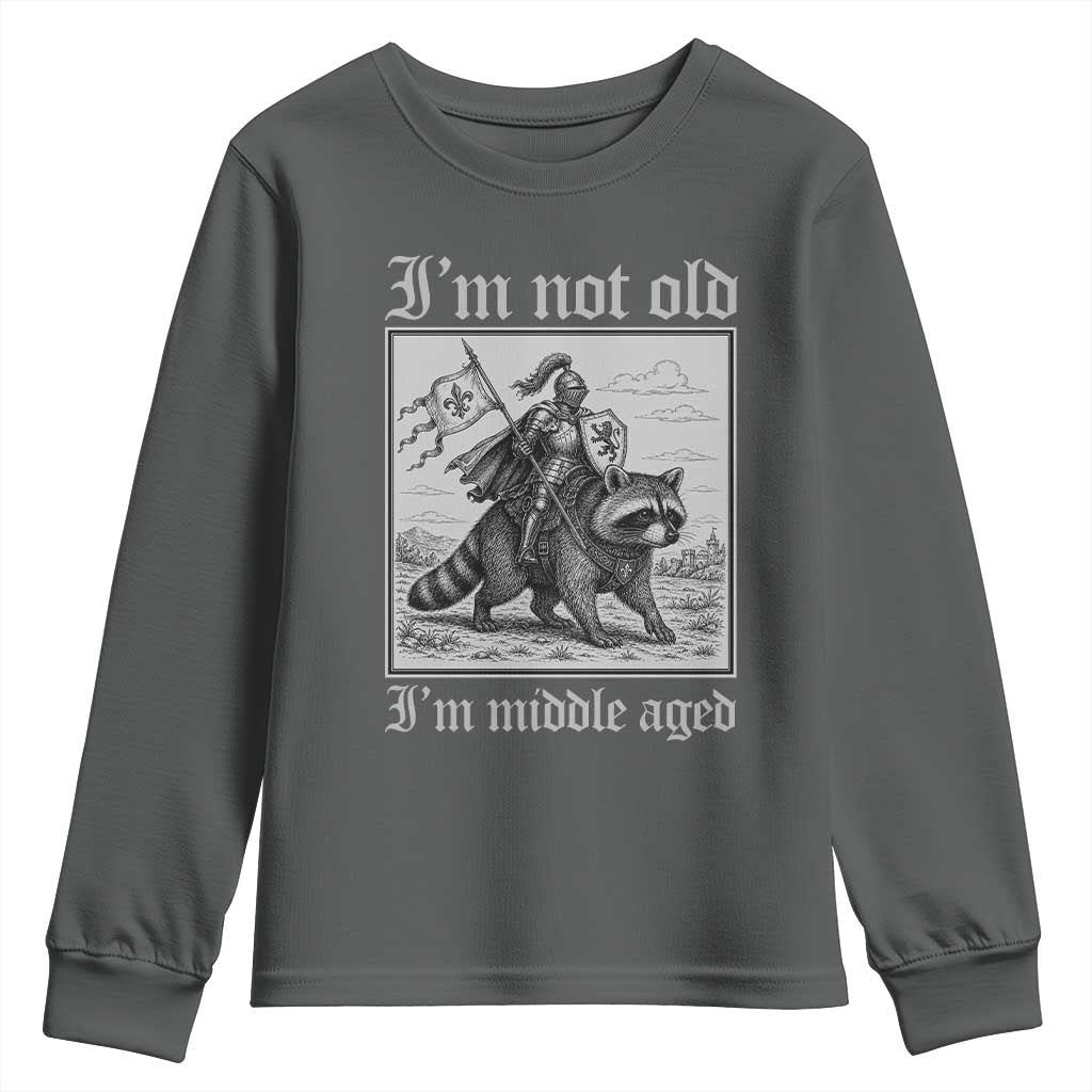 I Am Not Old I Am Middle Aged Youth Sweatshirt Medieval Knight Riding Raccoon Funny Ren Faire TS11 Dark Heather Print Your Wear