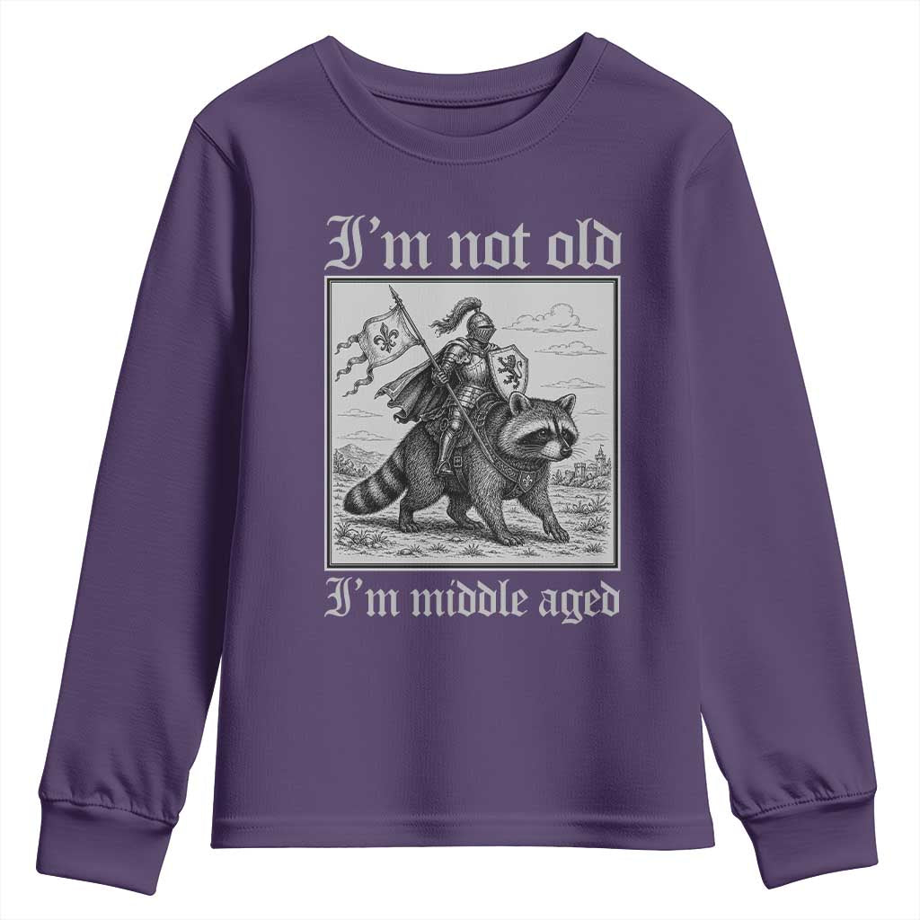 I Am Not Old I Am Middle Aged Youth Sweatshirt Medieval Knight Riding Raccoon Funny Ren Faire TS11 Purple Print Your Wear