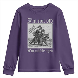 I Am Not Old I Am Middle Aged Youth Sweatshirt Medieval Knight Riding Raccoon Funny Ren Faire TS11 Purple Print Your Wear