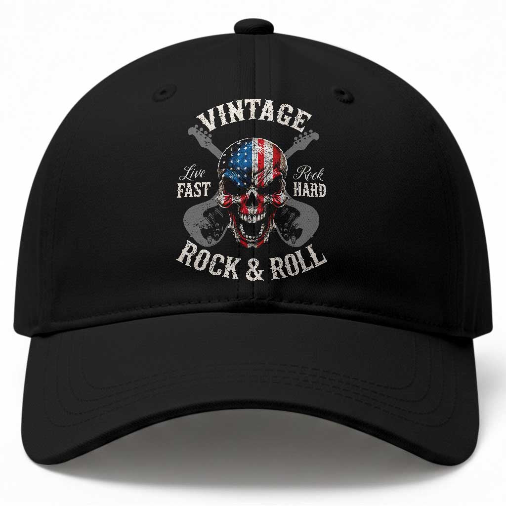 Vintage Rock and Roll Skull Guitar Rocker Baseball Cap Live Fast Rock Hard American Flag TS11 Print Your Wear
