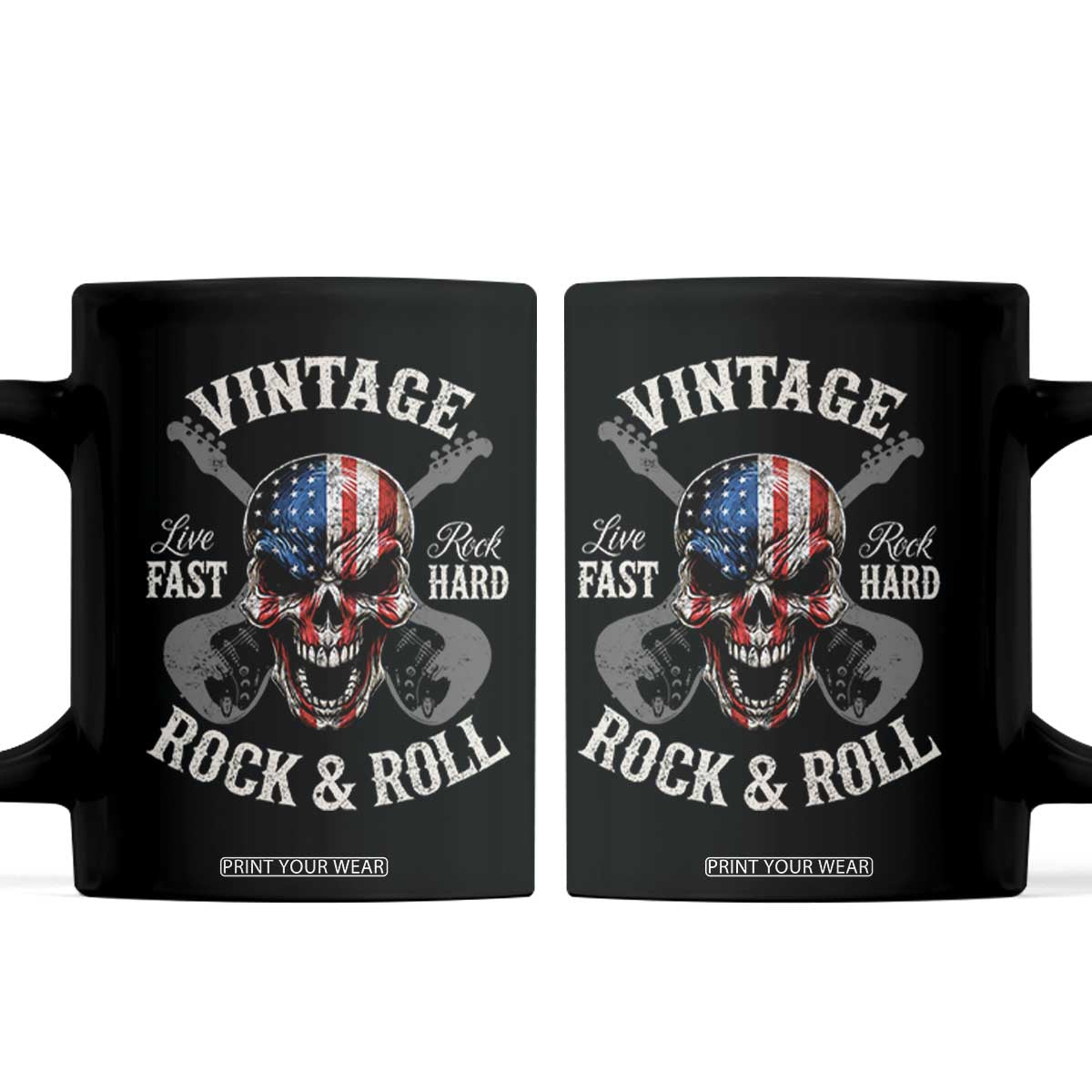 Vintage Rock and Roll Skull Guitar Rocker Coffee Mug Live Fast Rock Hard American Flag TS11 Black Print Your Wear