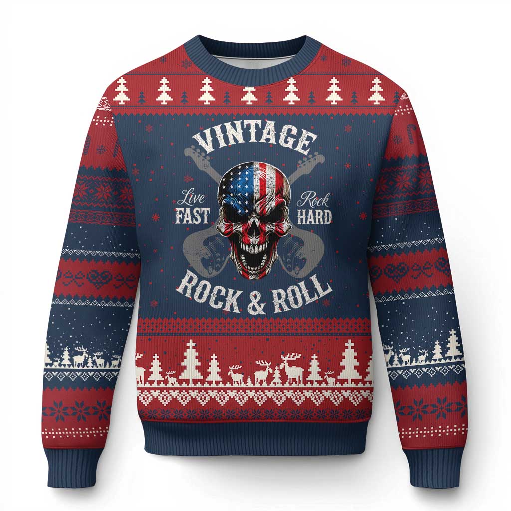 Vintage Rock and Roll Skull Guitar Rocker Ugly Christmas Sweater Live Fast Rock Hard American Flag