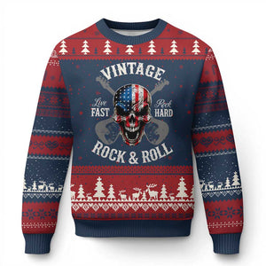 Vintage Rock and Roll Skull Guitar Rocker Ugly Christmas Sweater Live Fast Rock Hard American Flag