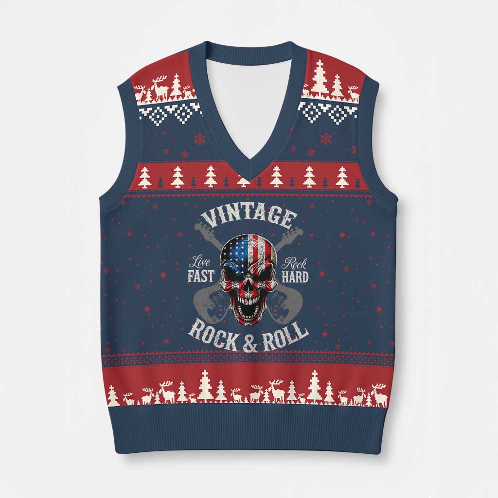 Vintage Rock and Roll Skull Guitar Rocker V-Neck Knit Sweater Vest Live Fast Rock Hard American Flag TS11 Navy Red Print Your Wear