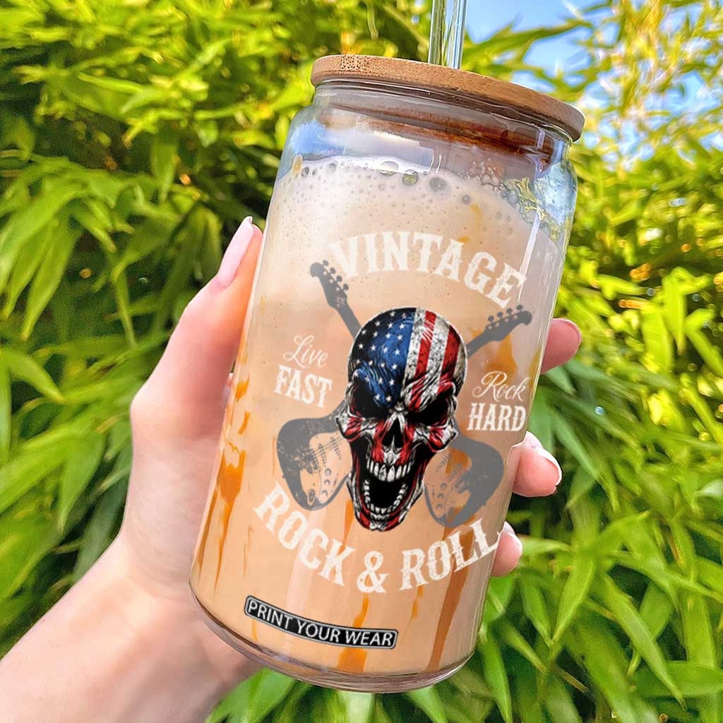 Vintage Rock and Roll Skull Guitar Rocker Glass Can Live Fast Rock Hard American Flag TS11 Black Print Your Wear
