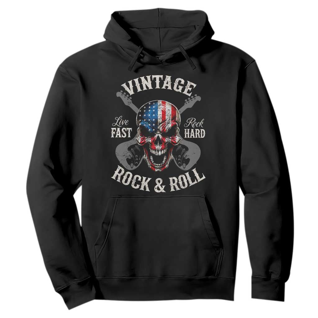 Vintage Rock and Roll Skull Guitar Rocker Hoodie Live Fast Rock Hard American Flag TS11 Black Print Your Wear