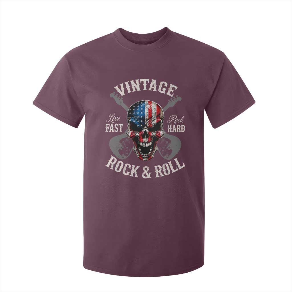 Vintage Rock and Roll Skull Guitar Rocker T Shirt For Kid Live Fast Rock Hard American Flag