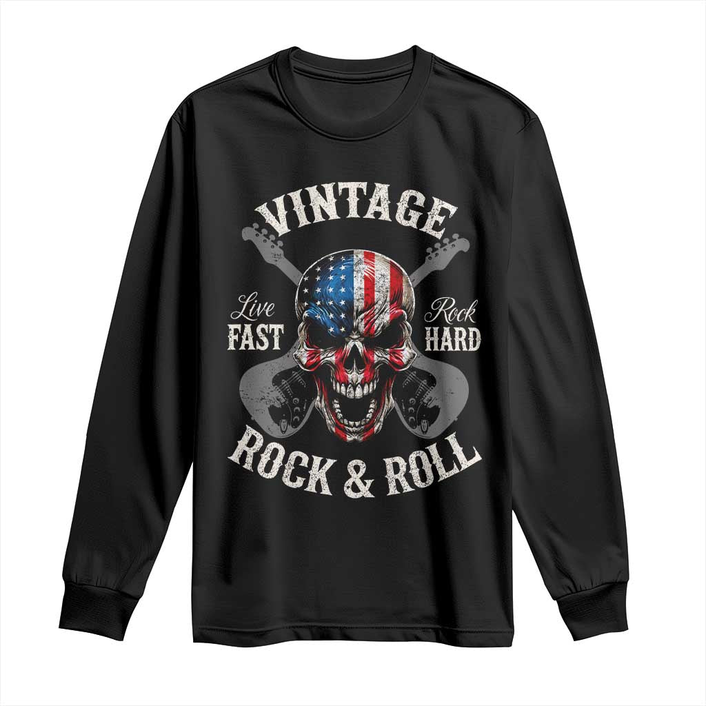 Vintage Rock and Roll Skull Guitar Rocker Long Sleeve Shirt Live Fast Rock Hard American Flag TS11 Black Print Your Wear