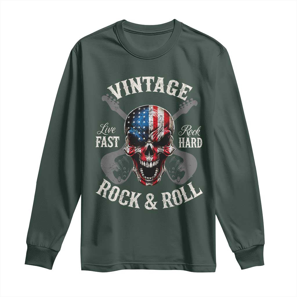 Vintage Rock and Roll Skull Guitar Rocker Long Sleeve Shirt Live Fast Rock Hard American Flag