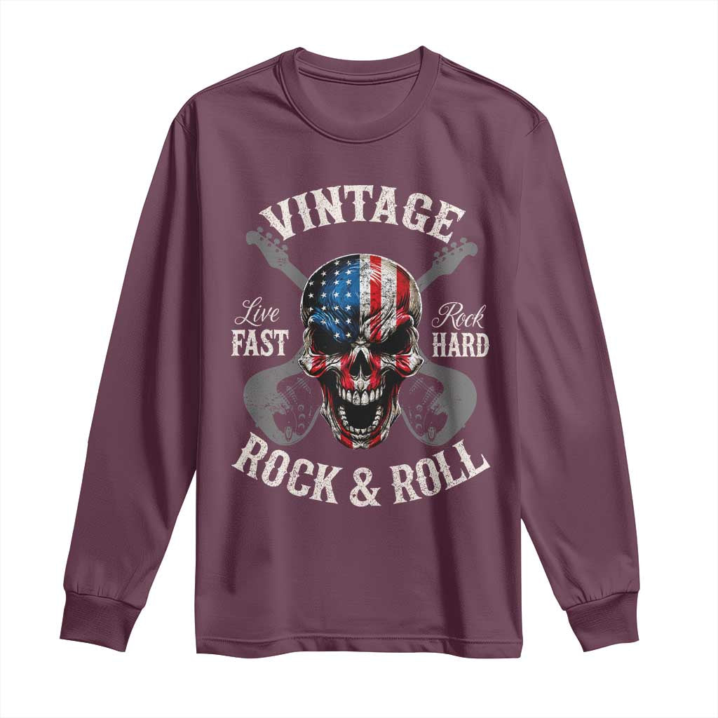 Vintage Rock and Roll Skull Guitar Rocker Long Sleeve Shirt Live Fast Rock Hard American Flag