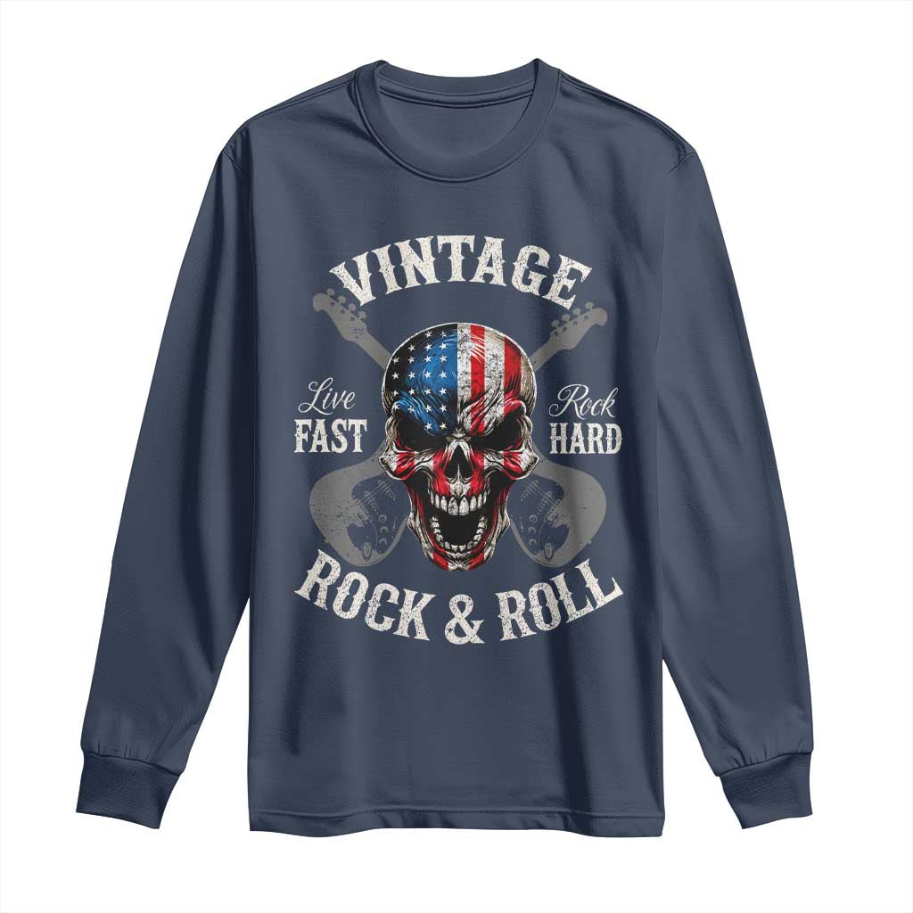 Vintage Rock and Roll Skull Guitar Rocker Long Sleeve Shirt Live Fast Rock Hard American Flag