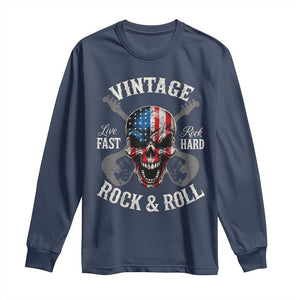 Vintage Rock and Roll Skull Guitar Rocker Long Sleeve Shirt Live Fast Rock Hard American Flag