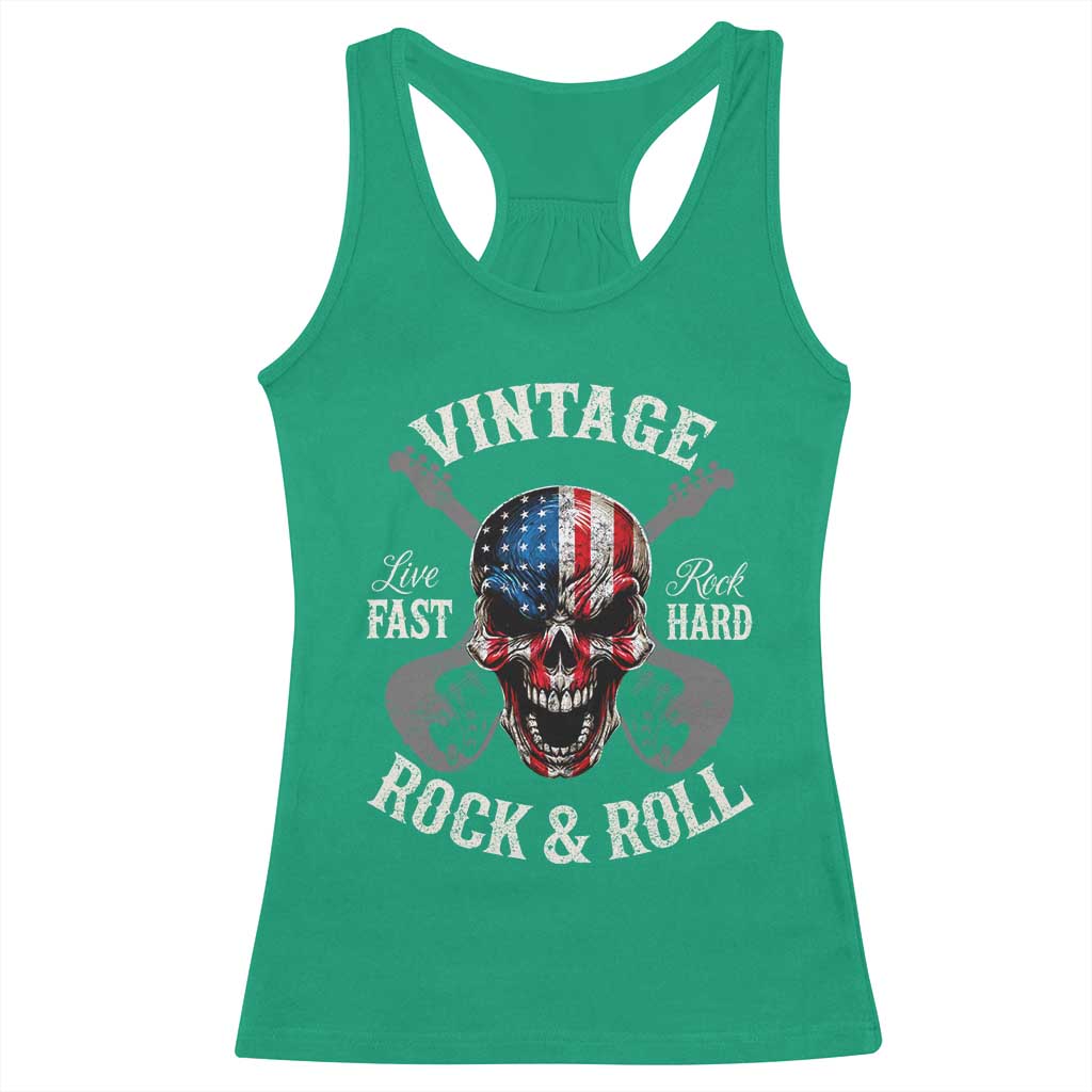 Vintage Rock and Roll Skull Guitar Rocker Racerback Tank Top Live Fast Rock Hard American Flag