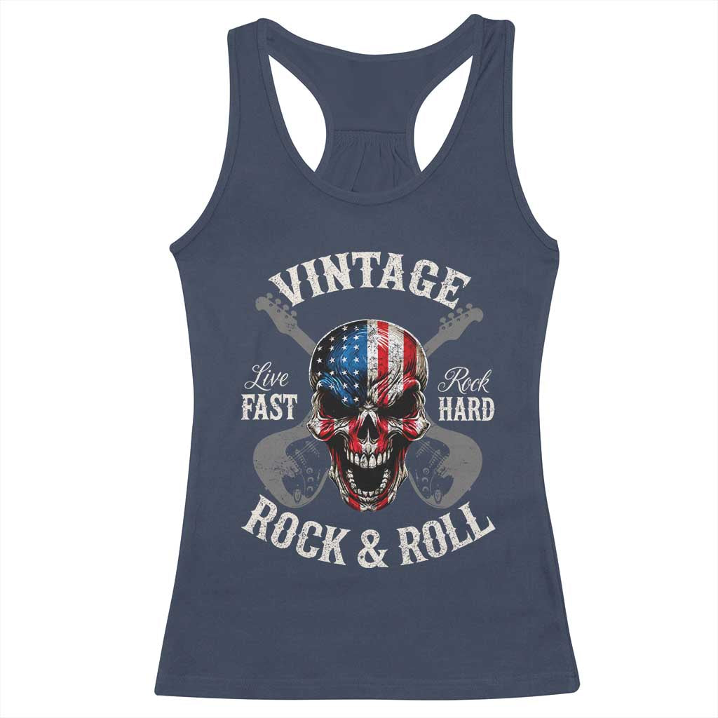 Vintage Rock and Roll Skull Guitar Rocker Racerback Tank Top Live Fast Rock Hard American Flag
